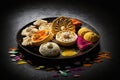 Decorative Plates And Tray With Delicious Gujia Or Gujiya Mithai Jalebi Ghewar Dry Fruits And Colorful Gulal Abeer Or Abir For