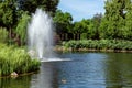 Decorative pond with floating duck with reeds and a fountain. Royalty Free Stock Photo