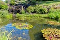 Decorative pond with waterfall and lilly at city park Royalty Free Stock Photo