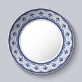 Decorative porcelain plate with blue national flower painting in the style of royal Chinese painting. Realistic 3D decor