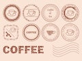 Decorative post stamps with coffee grains - vector set Royalty Free Stock Photo