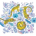 Decorative print with yellow leopards. Vector illustration