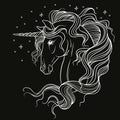 Coloring line art profile of unicorn white on black vector
