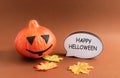Decorative pumpkin, autumn leaves and a white ad frame with a welcome message on. The concept of Halloween