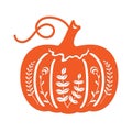 Decorative pumpkin with carved twigs and flowers. Stencil for carving