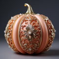 A decorative pumpkin sitting on top of a table