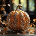 A decorative pumpkin sitting on top of a table