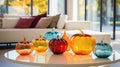 Decorative pumpkins of different sizes and shapes made of colored glass. Stylish Halloween decor. White blurred living