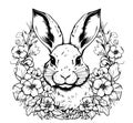 Decorative rabbit. Composition with a bunny, flowers ornament. Happy Easter greeting card of bunny, rabbit icon, on