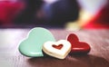 Decorative red and blue hearts on the table Royalty Free Stock Photo