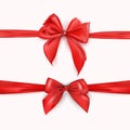 Decorative red bow with horizontal red ribbon isolated on white. Vector set of beautiful bows for page decor Royalty Free Stock Photo