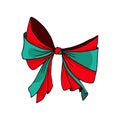 Decorative red and green bow. Hand drawn.