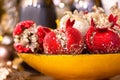 Decorative red pomegranate fruits in a bowl. Shallow depth of field Royalty Free Stock Photo