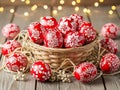 Decorative red and white easter eggs in basket Royalty Free Stock Photo