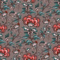 Decorative reddish brown and turquoise fantasy flowers and branches on beige background inspired indian paisley culture.