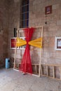 Decorative religious cross woven from ropes in the courtyard of the St. Marys Syriac Orthodox Church in Bethlehem in the