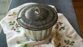 Decorative retro plum pudding basin with lid, closeup