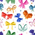 Decorative ribbons and bows seamless pattern. Gift boxes ties. Holiday elements. Repeated objects. Colorful bowknots