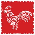 Decorative Rooster in a red square. The style of Russian historical painting