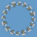 Decorative round border of drawn cartoon flying cheerful bees Royalty Free Stock Photo