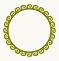 Decorative round frame for your design in Greek style ornament. Illustration in olive tones