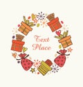 Decorative round garland with present boxes. Ornate wreath with hearts, sacks and gifts. Design holiday elements with many cute de