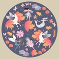 Decorative round plate with winged unicorns, mermaid, fairy, elf, autumn leaves, clouds, butterflies and flowers in vector.