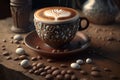 Fresh roasted hot coffee or cappucino with coffee beans