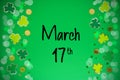 Decorative Saint Patrick's Day, Green Flat Lay, English Text March Seventeenth