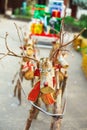 Decorative Santa reindeer made of wood logs and branches. Christmas concept Royalty Free Stock Photo