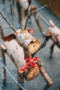 Decorative Santa reindeer made of wood logs and branches. Christmas concept Royalty Free Stock Photo