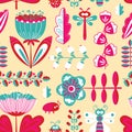 Decorative seamless background with flowers, bugs and dragonfly