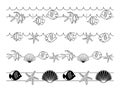 decorative seamless borders for summer holidays - vector fishes and seashells and starfish