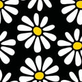 Decorative seamless floral pattern with hand drawn white yellow daisy flowers on black background. Retro style flat