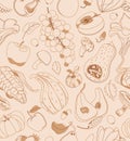 Decorative seamless harvest pattern with linear pumpkin, mushroom, grape, apples and pears on beige background. Vector