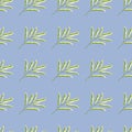 Decorative seamless nature pattern with green simple leaves branches silhouettes. Blue background