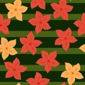 Decorative seamless nature pattern with pink and orange random tropic flowers print. Striped background