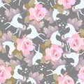 Decorative seamless ornament with huge pink roses and cute unicorns with manes in shape of viburnum leaves. Print for fabric