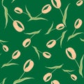 Decorative seamless pattern with beige random tulip flowers print. Green bright background Royalty Free Stock Photo