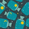 Decorative seamless pattern with bottles, moon, stars. Good night, colorful backdrop. Sky