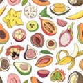 Decorative seamless pattern with cut or split fresh juicy exotic tropical fruits on white background. Hand drawn
