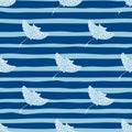 Decorative seamless pattern with doodle stingray ornament. Blue striped background. Funny stylistic Royalty Free Stock Photo