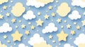 A decorative seamless pattern featuring yellow stars and white clouds is presented on a light blue background with subtle shadows Royalty Free Stock Photo