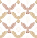 Decorative seamless pattern with flying birds and sacral symbols. Vector occult texture with owls with spread wings and boho totem