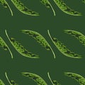 Decorative seamless pattern with hand drawn green palm foliage shapes. Botany jungle backdrop