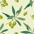 Decorative seamless pattern with hand drawn olive tree branch with ripe green olives and leaves on beige background