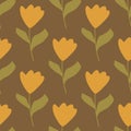 Decorative seamless pattern with hand drawn orange simple tulip flowers ornament. Brown background Royalty Free Stock Photo