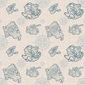 Seamless pattern map with hand-drawn islands and wind roses on sea Royalty Free Stock Photo