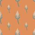 Decorative seamless pattern in minimalistic style with grey contoured tulip bud shapes. Coral background