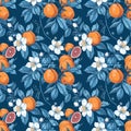 decorative seamless pattern of orange branches with flowers and leaves on a blue background Royalty Free Stock Photo